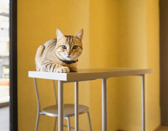 Junie A golden tabby cat resting on a table against a yellow wall backdrop.